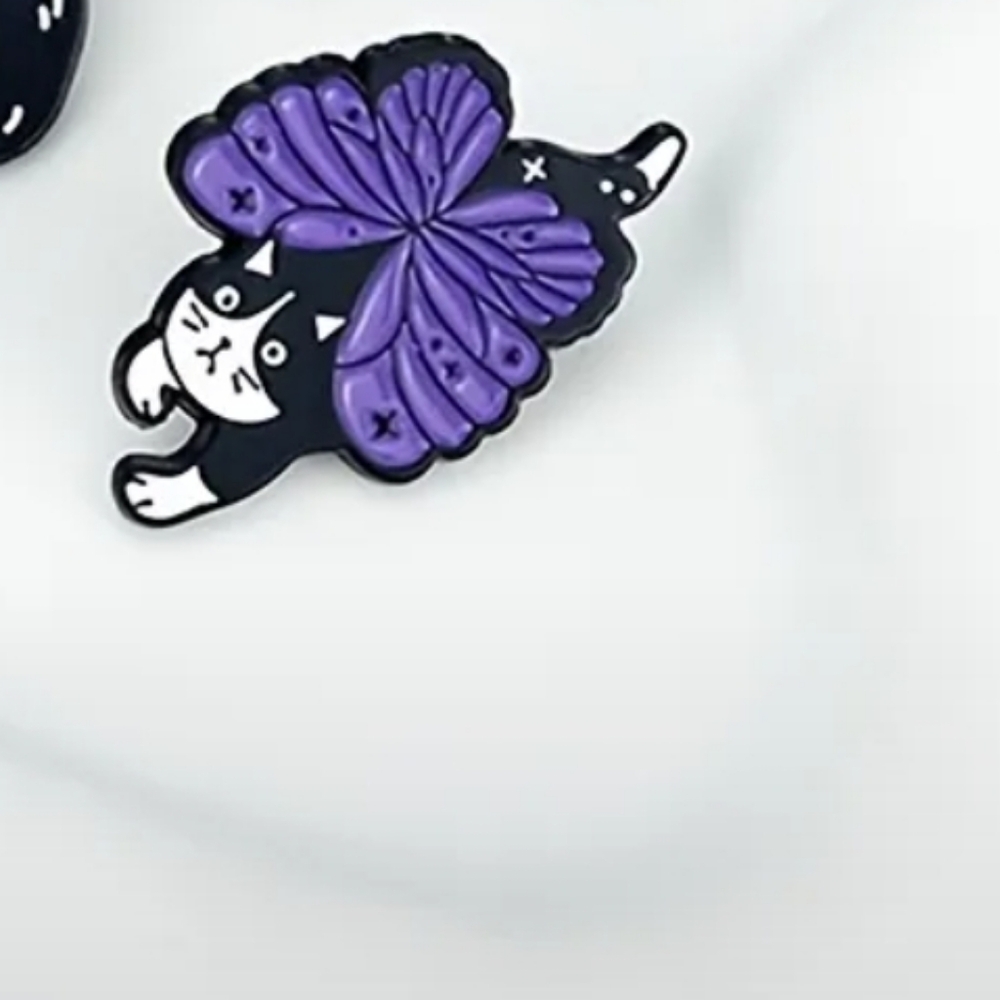 Purple black white cat butterfly wings Enamel pin